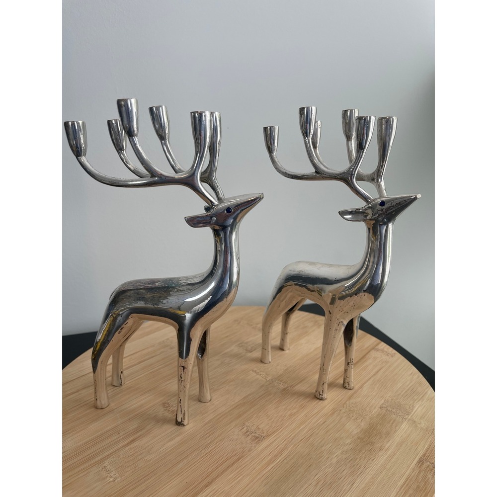 00430 -‎ 2 Vintage Teleflora Metal Silver Plated Reindeer Candlestick Holders